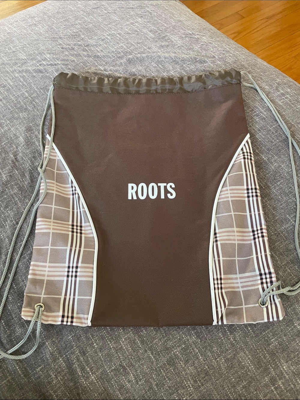 Roots Brown Drawstring Backpack with Plaid Panels
